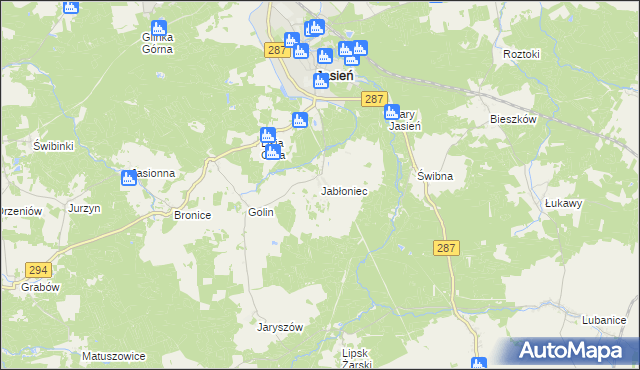 mapa Jabłoniec gmina Jasień, Jabłoniec gmina Jasień na mapie Targeo