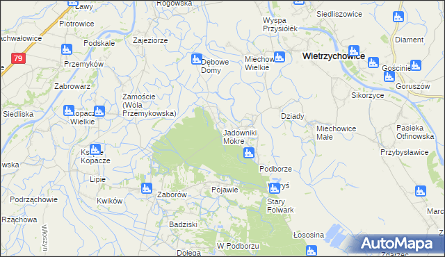 mapa Jadowniki Mokre gmina Wietrzychowice, Jadowniki Mokre gmina Wietrzychowice na mapie Targeo
