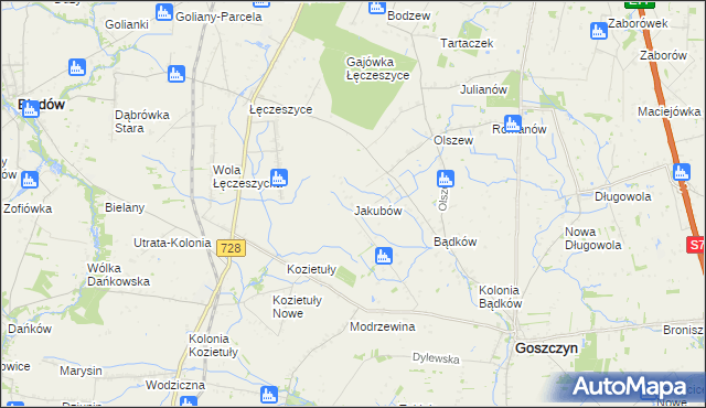 mapa Jakubów gmina Goszczyn, Jakubów gmina Goszczyn na mapie Targeo