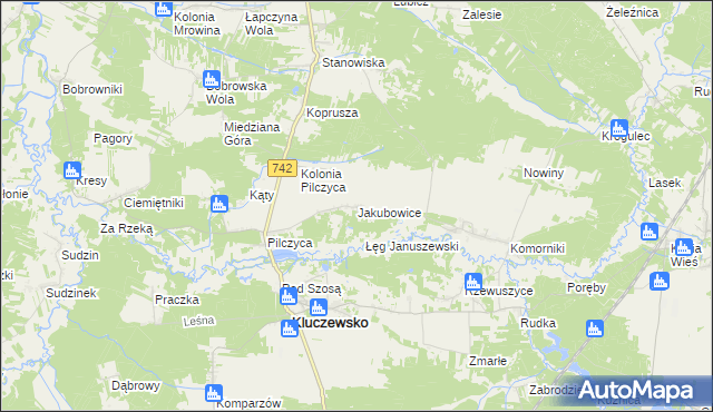 mapa Jakubowice gmina Kluczewsko, Jakubowice gmina Kluczewsko na mapie Targeo