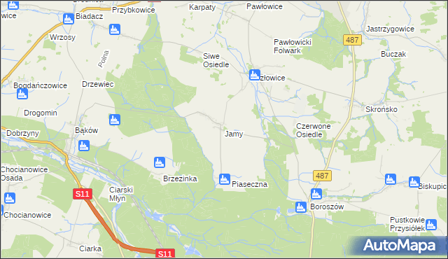 mapa Jamy gmina Gorzów Śląski, Jamy gmina Gorzów Śląski na mapie Targeo
