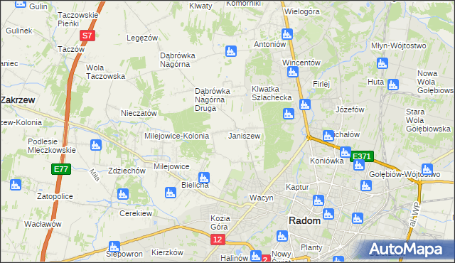 mapa Janiszew gmina Zakrzew, Janiszew gmina Zakrzew na mapie Targeo