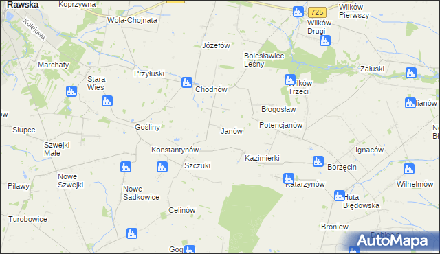 mapa Janów gmina Biała Rawska, Janów gmina Biała Rawska na mapie Targeo