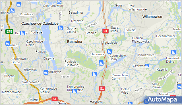 mapa Janowice gmina Bestwina, Janowice gmina Bestwina na mapie Targeo