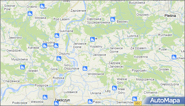 mapa Janowice gmina Pleśna, Janowice gmina Pleśna na mapie Targeo