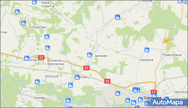 mapa Janowiec gmina Małomice, Janowiec gmina Małomice na mapie Targeo