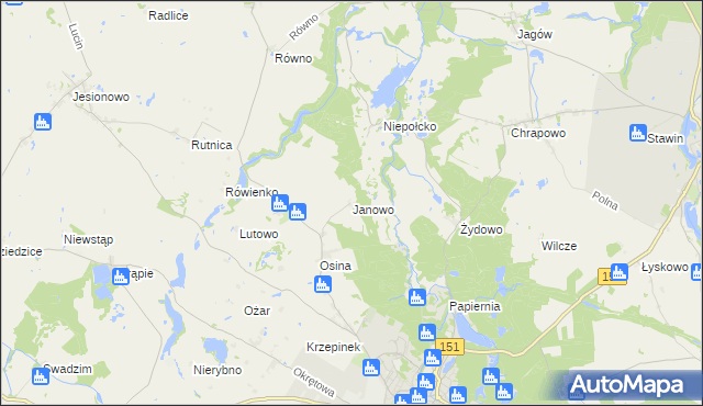 mapa Janowo gmina Barlinek, Janowo gmina Barlinek na mapie Targeo