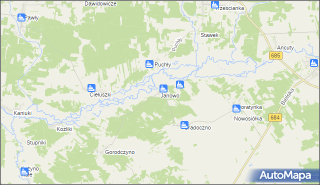 mapa Janowo gmina Narew, Janowo gmina Narew na mapie Targeo