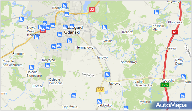 mapa Janowo gmina Starogard Gdański, Janowo gmina Starogard Gdański na mapie Targeo