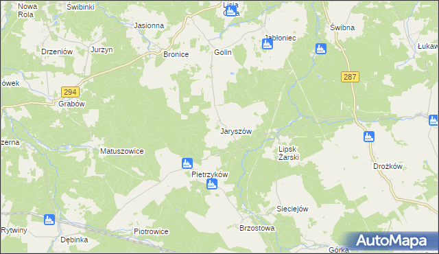 mapa Jaryszów gmina Jasień, Jaryszów gmina Jasień na mapie Targeo