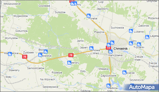 mapa Jasień gmina Chmielnik, Jasień gmina Chmielnik na mapie Targeo