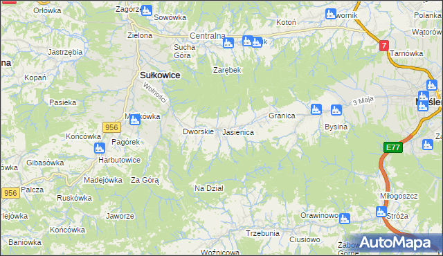 mapa Jasienica gmina Myślenice, Jasienica gmina Myślenice na mapie Targeo