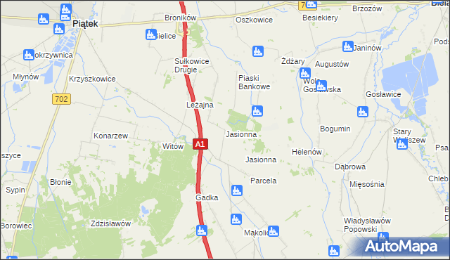 mapa Jasionna gmina Piątek, Jasionna gmina Piątek na mapie Targeo