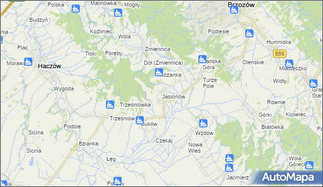 mapa Jasionów gmina Haczów, Jasionów gmina Haczów na mapie Targeo