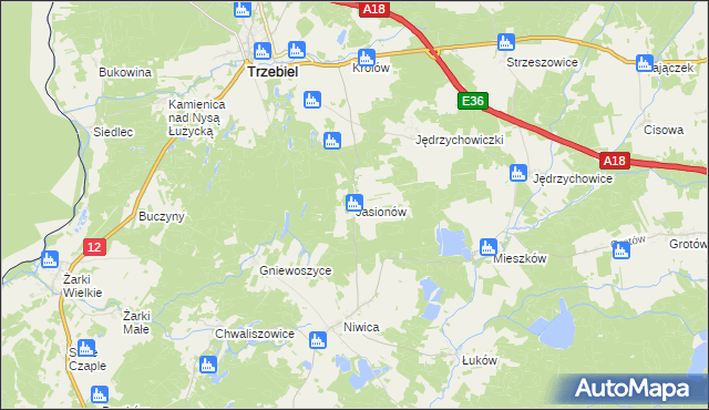 mapa Jasionów gmina Trzebiel, Jasionów gmina Trzebiel na mapie Targeo