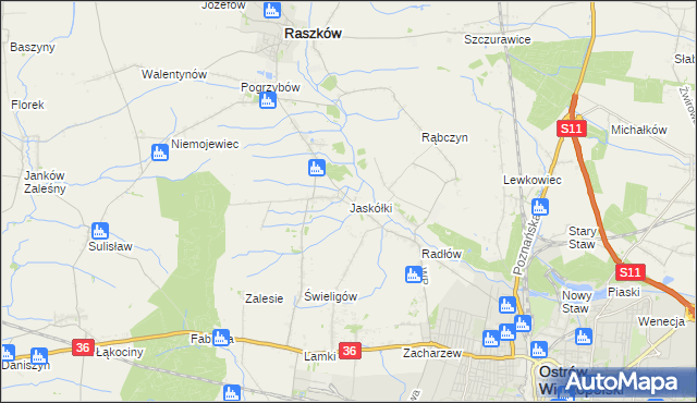 mapa Jaskółki gmina Raszków, Jaskółki gmina Raszków na mapie Targeo