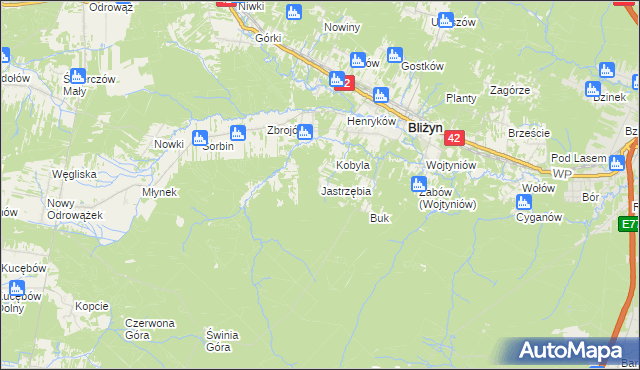mapa Jastrzębia gmina Bliżyn, Jastrzębia gmina Bliżyn na mapie Targeo