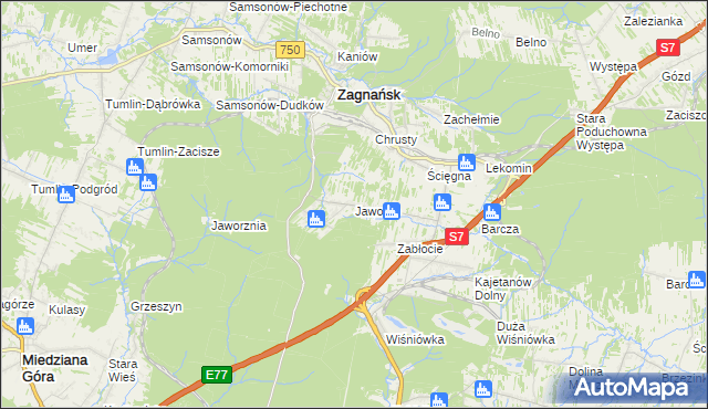 mapa Jaworze gmina Zagnańsk, Jaworze gmina Zagnańsk na mapie Targeo