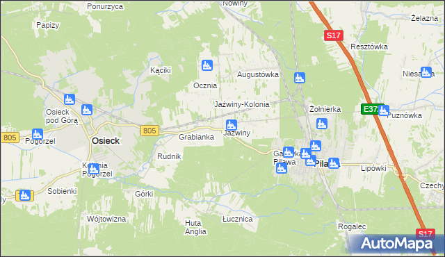 mapa Jaźwiny gmina Pilawa, Jaźwiny gmina Pilawa na mapie Targeo