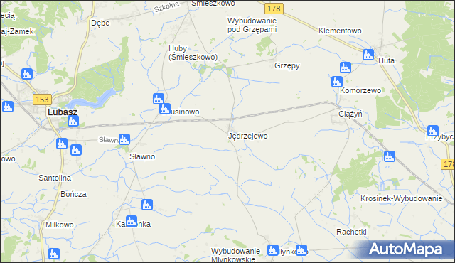 mapa Jędrzejewo gmina Lubasz, Jędrzejewo gmina Lubasz na mapie Targeo