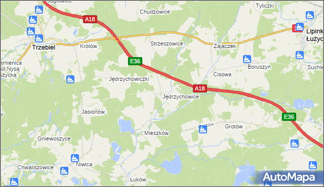 mapa Jędrzychowice gmina Trzebiel, Jędrzychowice gmina Trzebiel na mapie Targeo