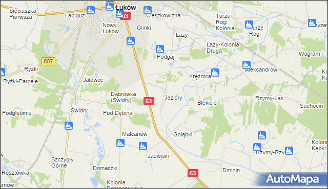 mapa Jeziory gmina Łuków, Jeziory gmina Łuków na mapie Targeo