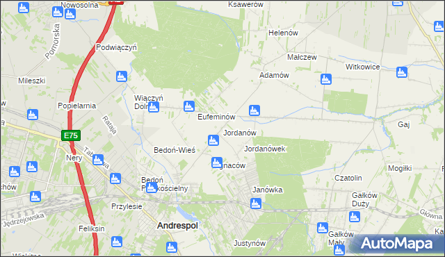 mapa Jordanów gmina Brzeziny, Jordanów gmina Brzeziny na mapie Targeo