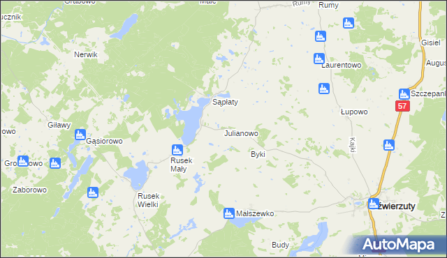 mapa Julianowo gmina Dźwierzuty, Julianowo gmina Dźwierzuty na mapie Targeo