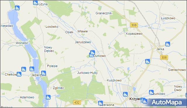 mapa Jurkowo gmina Krzywiń, Jurkowo gmina Krzywiń na mapie Targeo