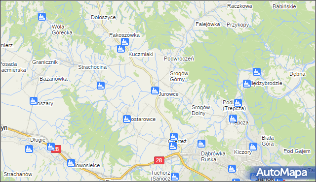 mapa Jurowce gmina Sanok, Jurowce gmina Sanok na mapie Targeo