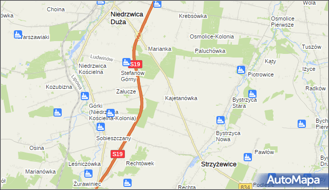 mapa Kajetanówka gmina Strzyżewice, Kajetanówka gmina Strzyżewice na mapie Targeo