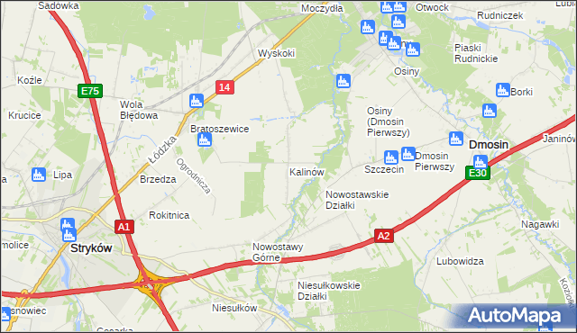 mapa Kalinów gmina Stryków, Kalinów gmina Stryków na mapie Targeo