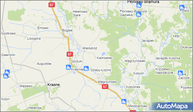 mapa Kalinowiec gmina Płoniawy-Bramura, Kalinowiec gmina Płoniawy-Bramura na mapie Targeo