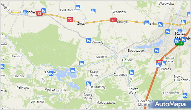 mapa Kaliszki gmina Rawa Mazowiecka, Kaliszki gmina Rawa Mazowiecka na mapie Targeo