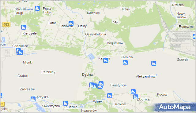 mapa Kamień gmina Kleszczów, Kamień gmina Kleszczów na mapie Targeo