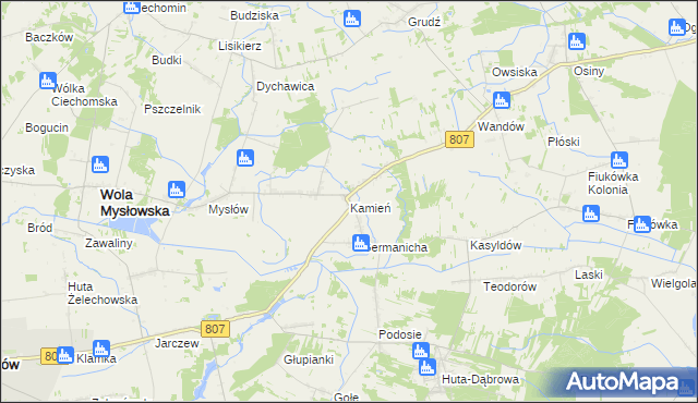 mapa Kamień gmina Wola Mysłowska, Kamień gmina Wola Mysłowska na mapie Targeo