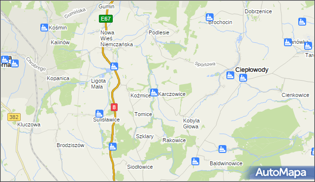 mapa Karczowice gmina Ciepłowody, Karczowice gmina Ciepłowody na mapie Targeo