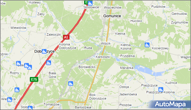 mapa Karkoszki gmina Gomunice, Karkoszki gmina Gomunice na mapie Targeo