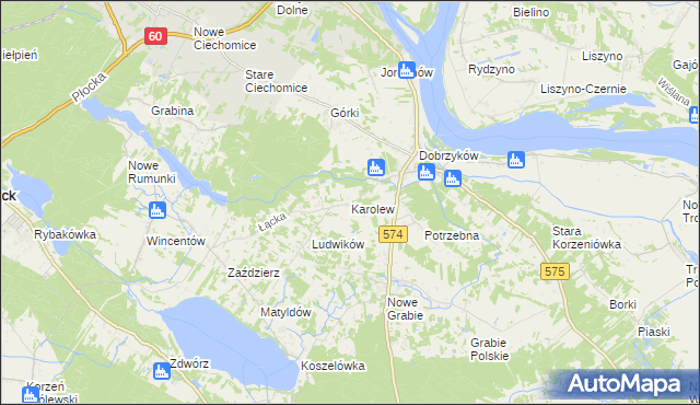 mapa Karolew gmina Gąbin, Karolew gmina Gąbin na mapie Targeo