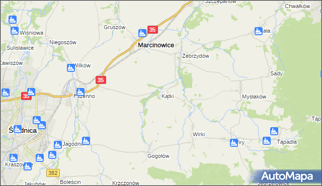 mapa Kątki gmina Marcinowice, Kątki gmina Marcinowice na mapie Targeo