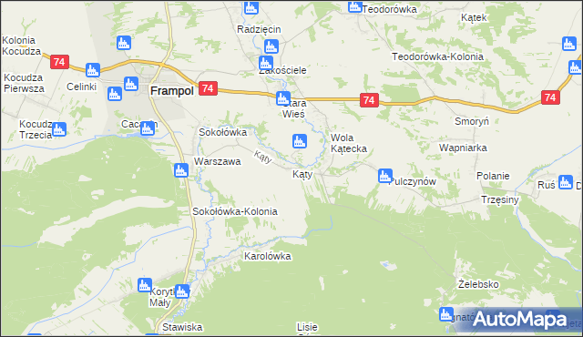 mapa Kąty gmina Frampol, Kąty gmina Frampol na mapie Targeo