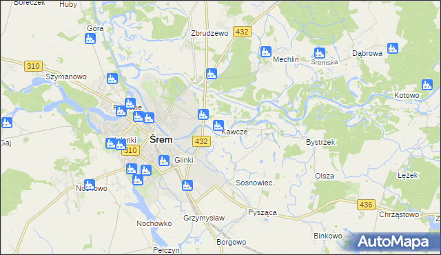 mapa Kawcze gmina Śrem, Kawcze gmina Śrem na mapie Targeo