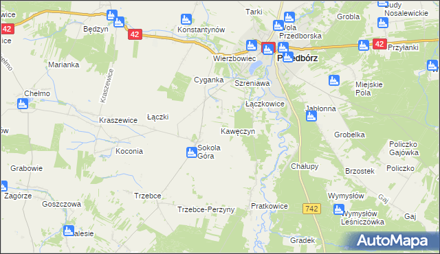 mapa Kawęczyn gmina Masłowice, Kawęczyn gmina Masłowice na mapie Targeo