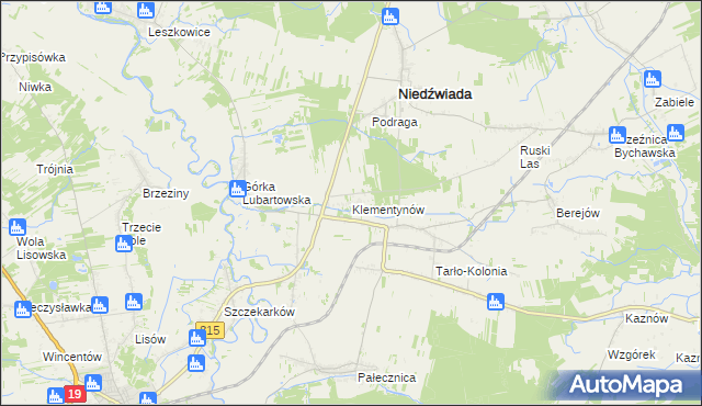 mapa Klementynów gmina Niedźwiada, Klementynów gmina Niedźwiada na mapie Targeo