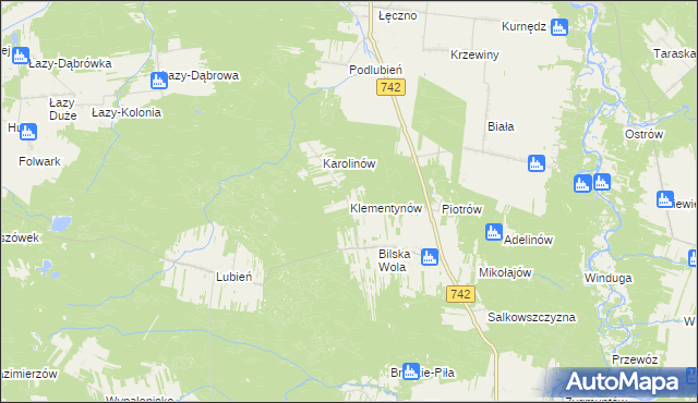 mapa Klementynów gmina Sulejów, Klementynów gmina Sulejów na mapie Targeo