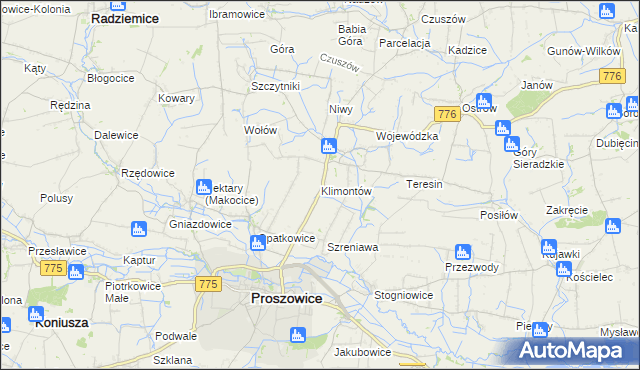 mapa Klimontów gmina Proszowice, Klimontów gmina Proszowice na mapie Targeo