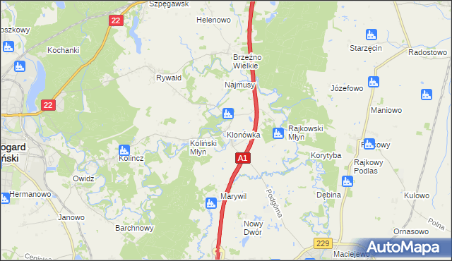 mapa Klonówka gmina Starogard Gdański, Klonówka gmina Starogard Gdański na mapie Targeo