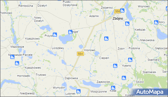 mapa Klonowo gmina Zbójno, Klonowo gmina Zbójno na mapie Targeo