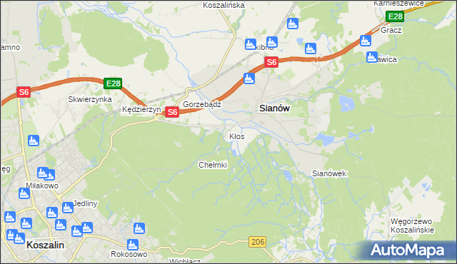 mapa Kłos gmina Sianów, Kłos gmina Sianów na mapie Targeo