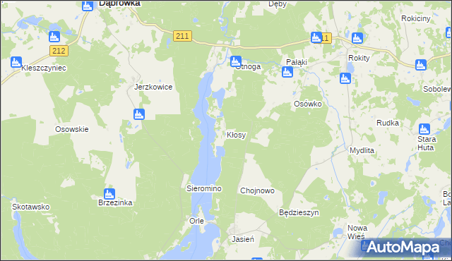 mapa Kłosy gmina Czarna Dąbrówka, Kłosy gmina Czarna Dąbrówka na mapie Targeo